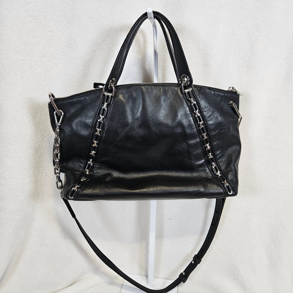 Michael Kors Black Leather Chain Trim Satchel Crossbody Bag Silver Hardware - Picture 4 of 10